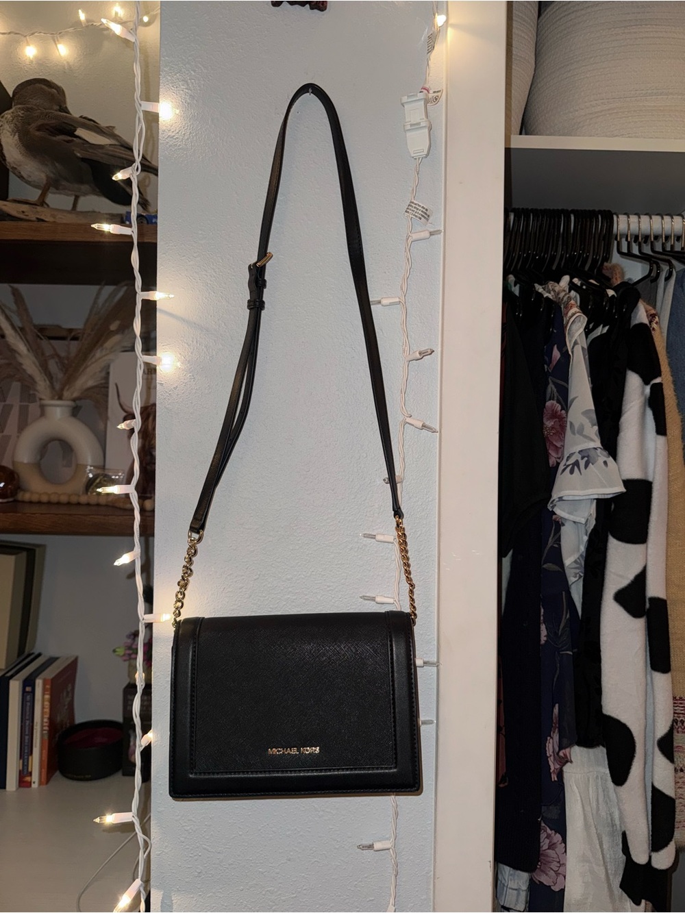 MICHAEL KORS Black Leather Crossbody with Gold Chain Accent